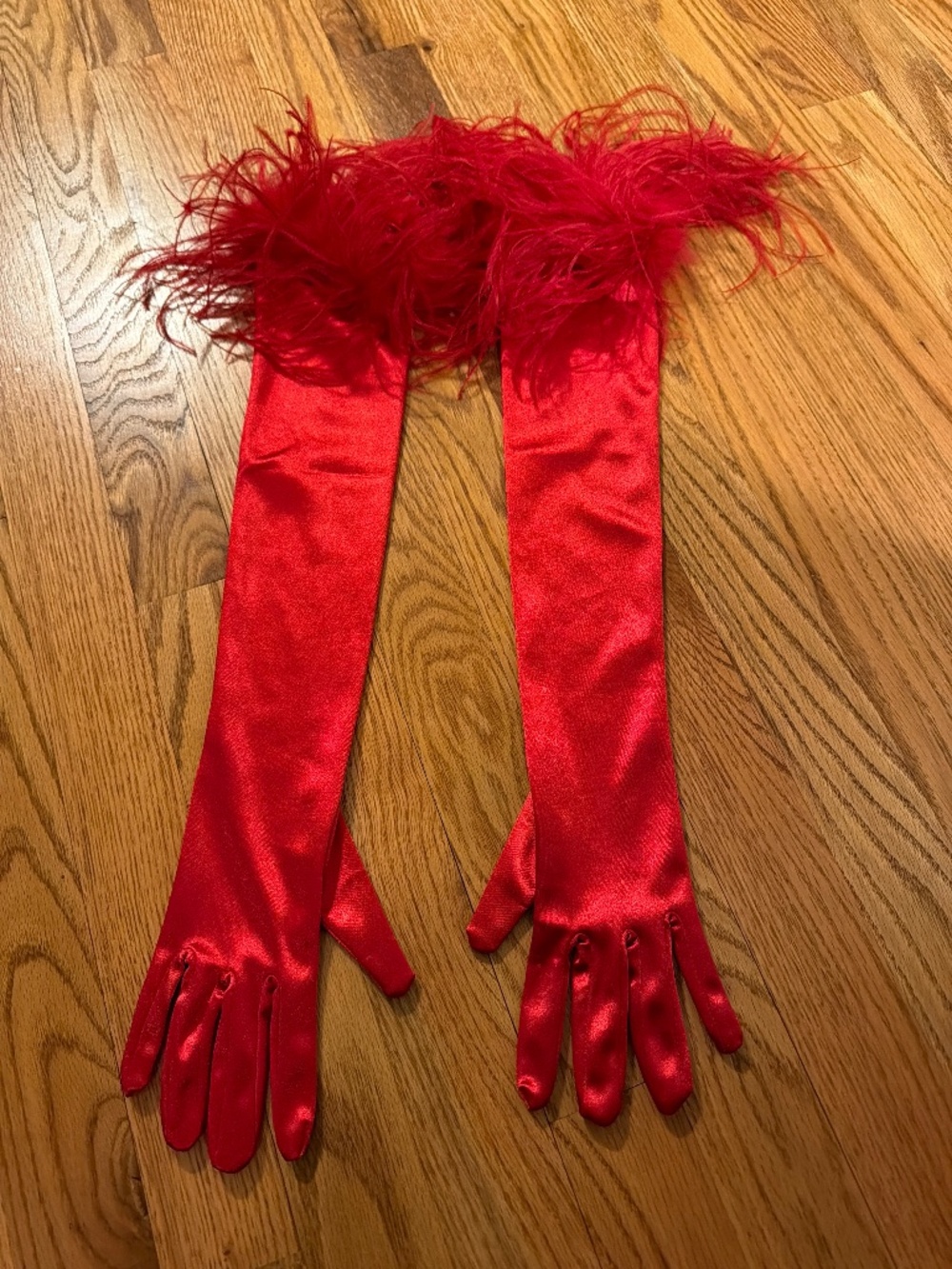 Sherri Hill Red Satin Gloves Ostrich Feathers